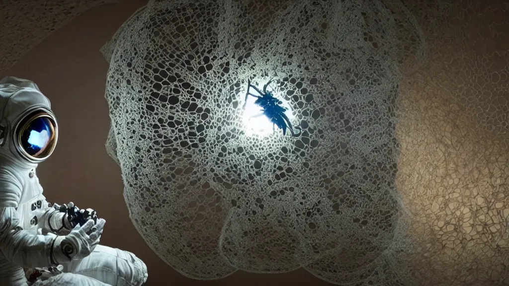 Image similar to a astronaut eva suit covered in diamond 3d fractal lace iridescent bubble 3d skin and covered with insectoid compound eye camera lenses floats through the living room, film still from the movie directed by Denis Villeneuve with art direction by Salvador Dalí, wide lens,