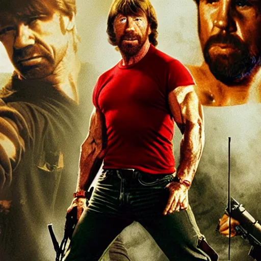 Image similar to Chuck Norris as Rambo, red sweatband, movie poster, award-winning, 4k, hyperdetailed