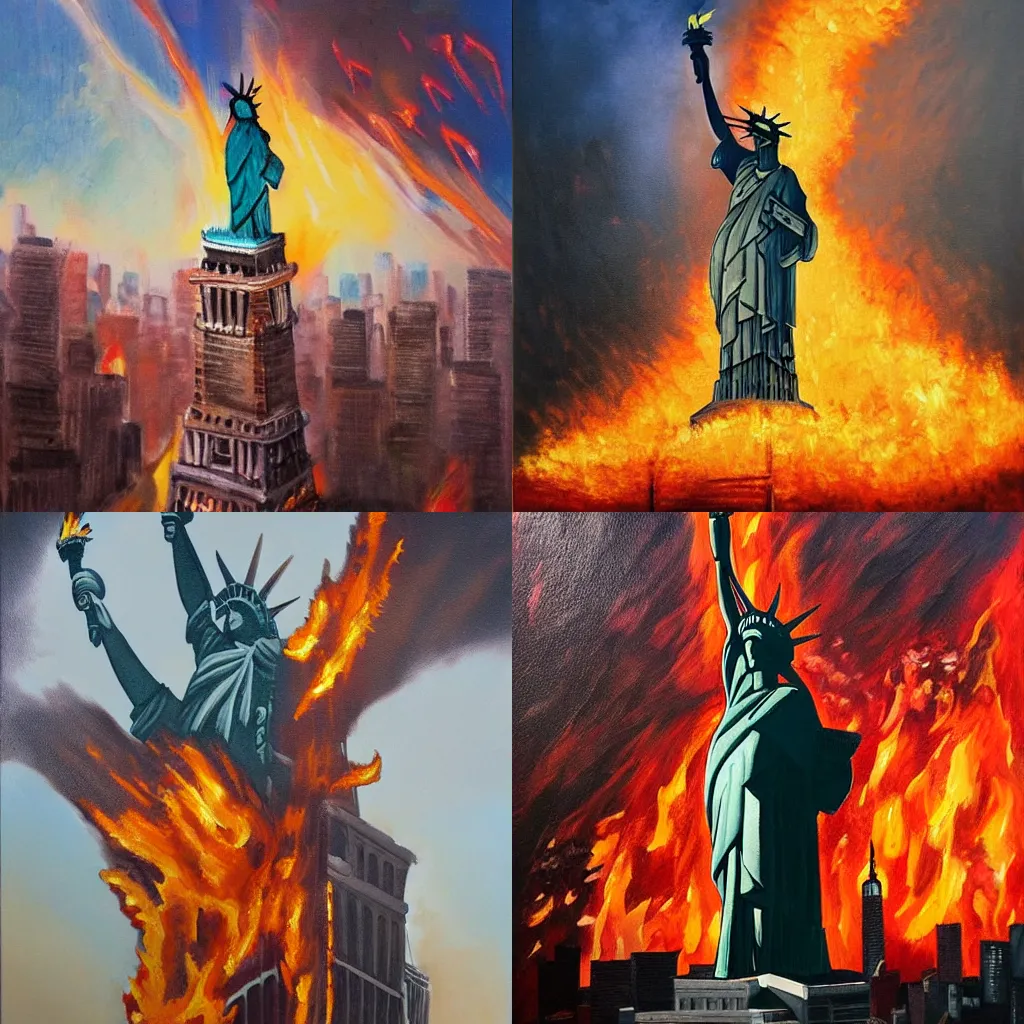 Prompt: dramatic oil painting of giant fiery statue of liberty tramping through burning new york like godzilla