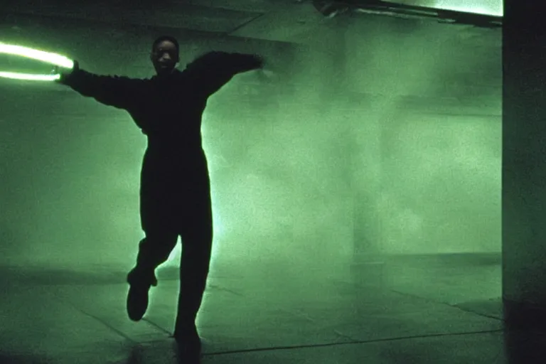 Prompt: will smith as a character from the matrix dodging bullets, cinematic, movie still, dramatic lighting, matrix code,!! by bill henson!!, green color theme, 1 6 : 9 ratio