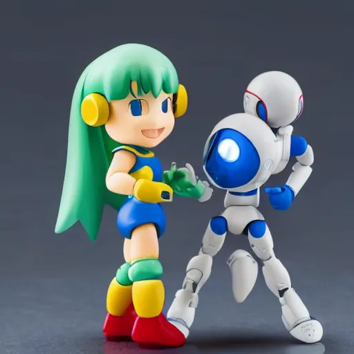 Image similar to photo of figma figures in a diorama : : roll is repairing computers in dr. light's laboratory. roll is a cute female ball - jointed robot ( in the style of mega man ) who has blonde hair with bangs and a ponytail tied with a green ribbon. she is wearing a red one - piece dress with a white collar, and red boots.