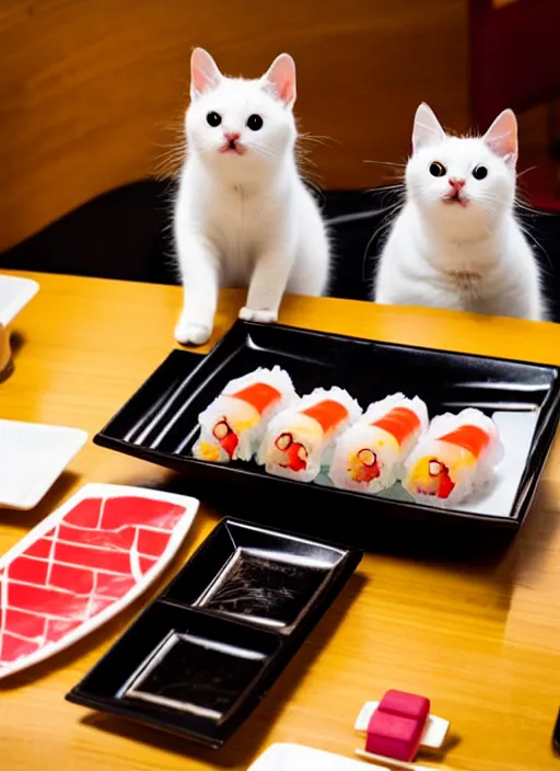 Image similar to clear photograph of cute cats stealing sushi from sushi plates