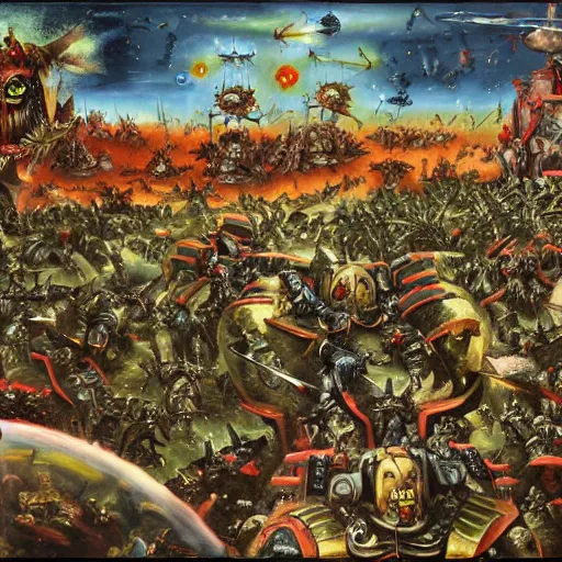 Image similar to , warhammer 4 0 k space @ marines in a heated battle, in the style of the garden of earthly delights painting by jerome bosch