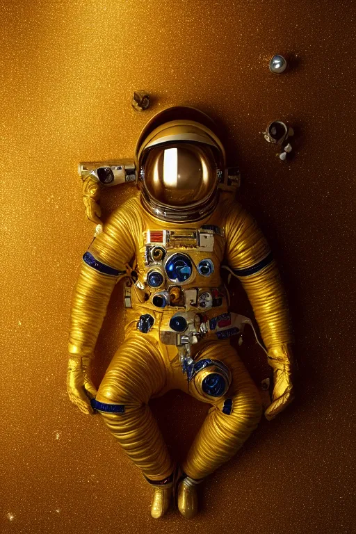 Image similar to extremely detailed studio portrait of space astronaut, helmet under arm, full body, soft light, golden glow, award winning photo by michal karcz and yoshitaka amano