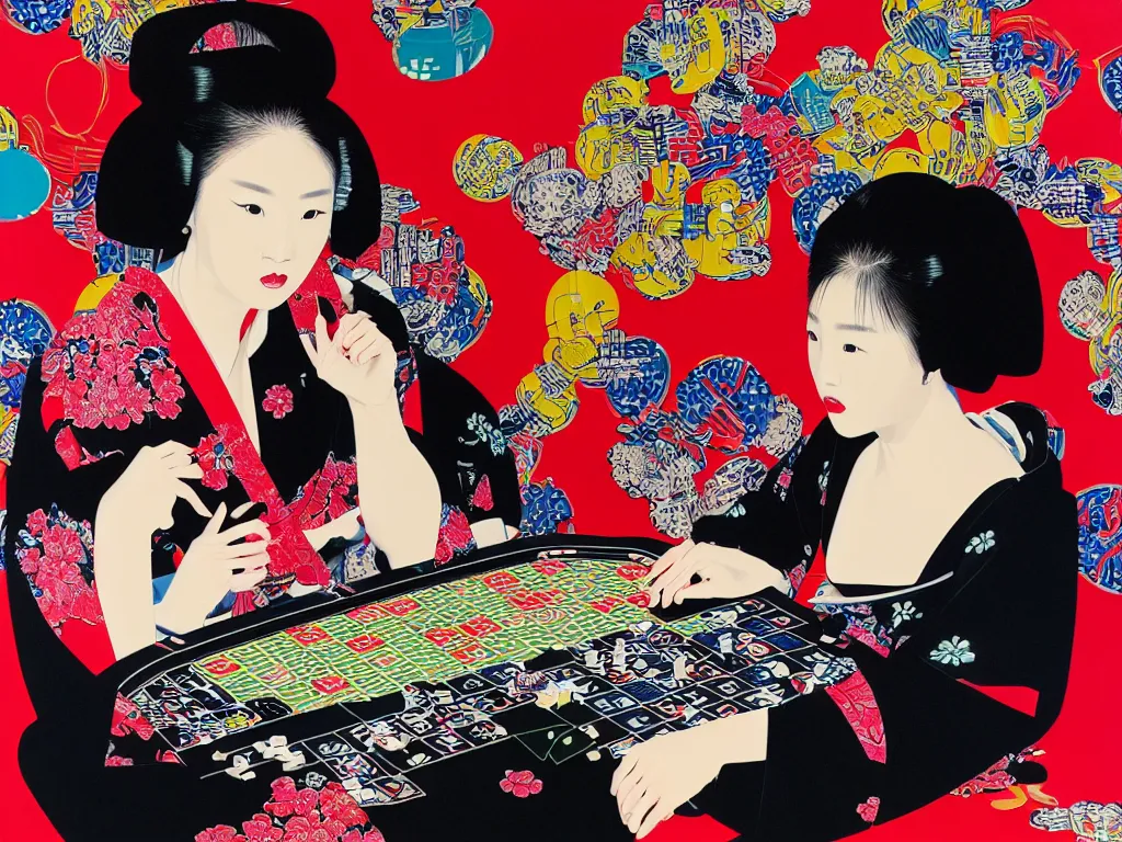 Image similar to hyperrealism composition of the detailed woman in a japanese kimono sitting at an extremely detailed poker table with darth vader, fireworks and folding screen on the background, pop - art style, jacky tsai style, andy warhol style, acrylic on canvas