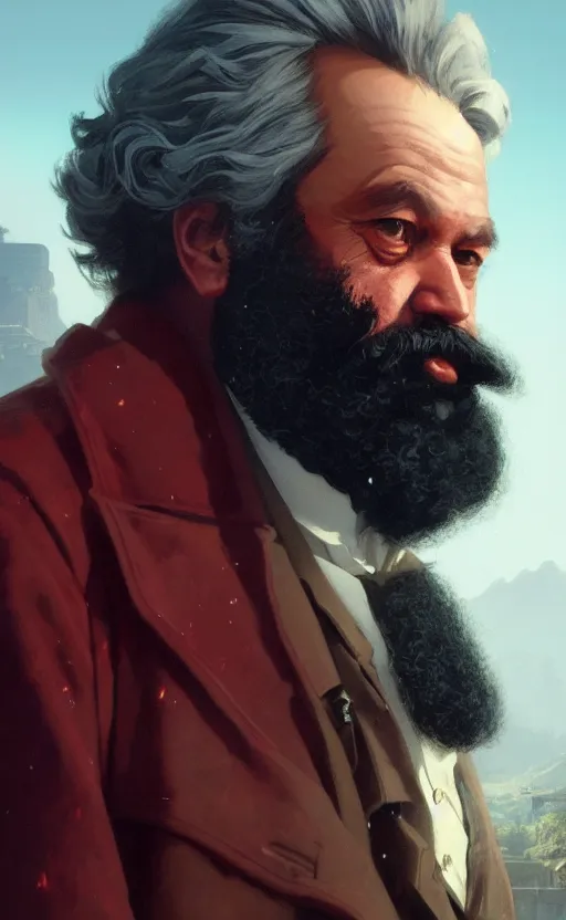 Image similar to highly detailed portrait of karl marx in gta v, stephen bliss, unreal engine, fantasy art by greg rutkowski, loish, rhads, ferdinand knab, makoto shinkai and lois van baarle, ilya kuvshinov, rossdraws, tom bagshaw, global illumination, radiant light, detailed and intricate environment, space, galaxy