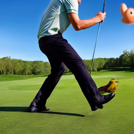 Image similar to man golfing and pointing to a bird who stole the ball, audience looking and laughing