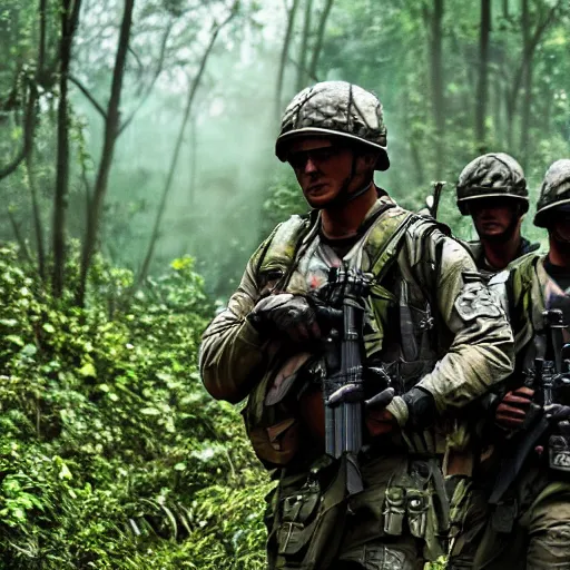 Prompt: commandos patrolling jungle, cinematic, HDR