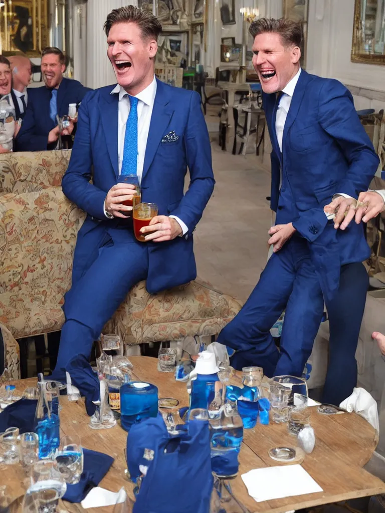 Prompt: Sir Kier Starmer wearing a blue suit laughing and drinking a big pint of lager