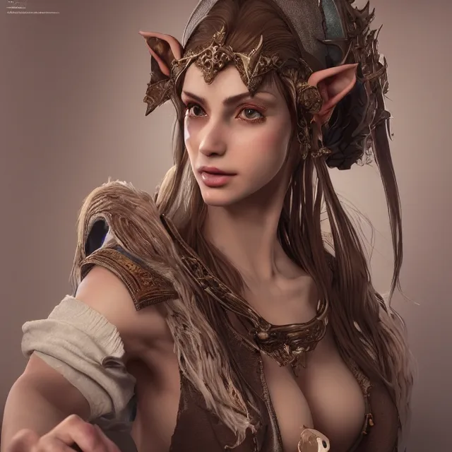 Prompt: studio portrait of neutral good light colorful female half - elf bard healer as absurdly beautiful, elegant, realistic young gravure idol, an ultrafine hyperdetailed illustration by kim jung gi, irakli nadar, intricate linework, detailed faces, super sharp focus, bright colors, octopath traveler, unreal engine 5 highly rendered, global illumination, radiant light