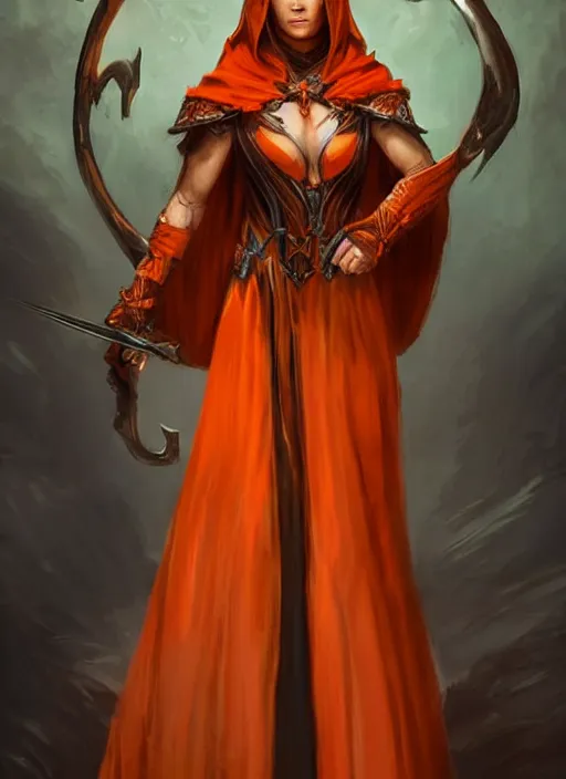 Image similar to dark orange cloak female priest, ultra detailed fantasy, dndbeyond, bright, colourful, realistic, dnd character portrait, full body, pathfinder, pinterest, art by ralph horsley, dnd, rpg, lotr game design fanart by concept art, behance hd, artstation, deviantart, hdr render in unreal engine 5