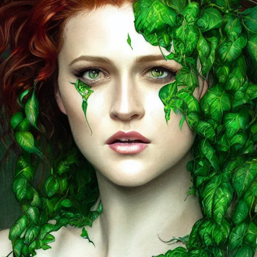 Image similar to full figure ultra realistic illustration, evan rachel wood as poison ivy with curly hair and green skin, intricate, elegant, highly detailed, digital painting, artstation, concept art, smooth, sharp focus, illustration, art by artgerm and greg rutkowski and alphonse mucha