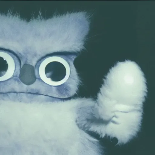 Prompt: Found footage of a dimly lit bedroom with a single furby sitting in the center of the room, staring menacingly at the camera with a bloody knife at its side.