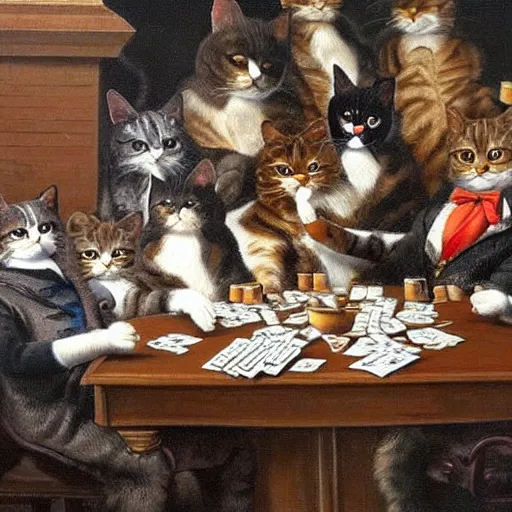 Prompt: cassius marcellus coolidge style of a highly detailed realistic oil painting of cats playing poker, with gorgeous eyes and anatomically faces with highly detailed beautiful faces, very beautiful painting