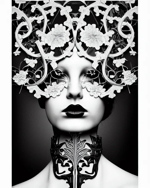 Image similar to monochrome profile portrait painting, dutch masters, silver lace floral steampunk biomechanical beautiful one techno eye young female cyborg, big monocular, volumetric light, leaves foliage and stems, hibiscus flowers, alexander mcqueen, rim light, big gothic fashion pearl embroidered collar, 8 k