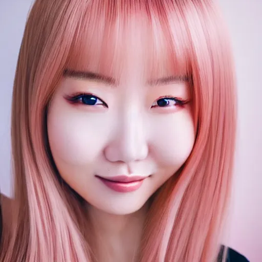 Image similar to beautiful hyperrealism selfie of nikki 苏 暖 暖 from shining nikki, a cute 3 d young woman smiling sofly, long light pink hair and full bangs, flushed face, blushing, small heart - shaped face, soft features, amber eyes, chinese heritage, golden hour, 8 k, sharp focus, instagram