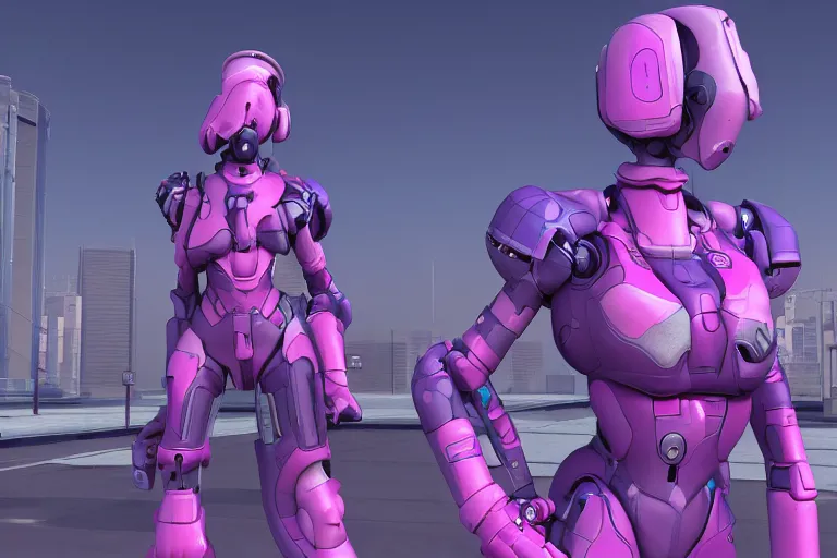 Image similar to a beautiful woman, piloting a mech. Pink and blue color scheme. Scifi city street background. In the style of Arcane by fortiche. Marmoset Toolbag, zbrush, substance painter.