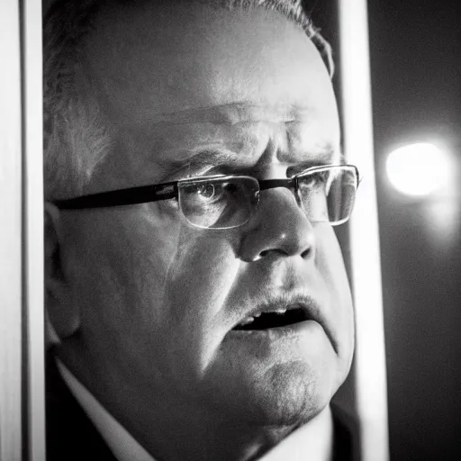 Image similar to ultrarealistic photo of former prime minister scott morrison lurking in the shadows in the style of film noir, wide angle, 8 k, raw, unedited, symmetrical balance, in - frame