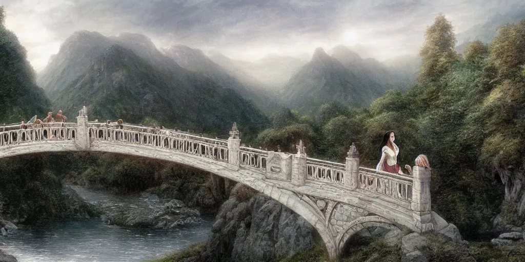 Image similar to , Arwen and Aragorn having a romantic moment on the bridge at Rivendell, evening, detailed matte painting, cinematic, Alan Lee, Artstation