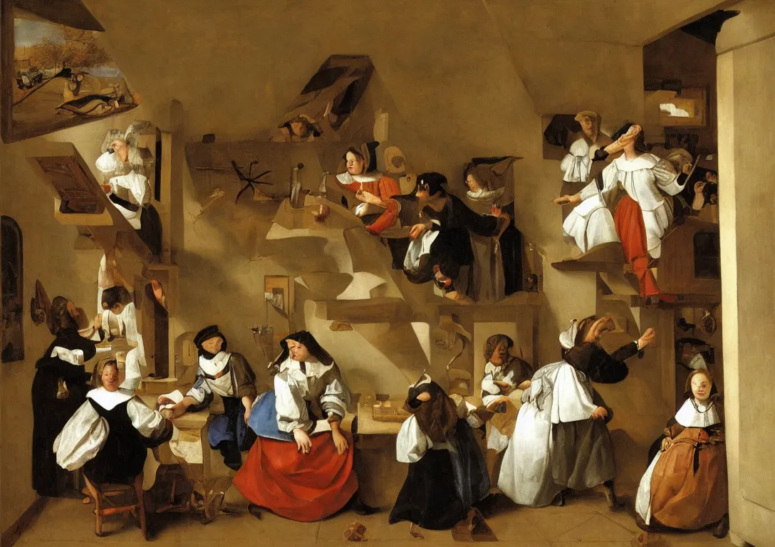 Prompt: Jan Steen arranges the various actors in a small room with a window. Composition is based on a triangle, with the magnificently dressed young woman at its top point. Her clothing and seductive look identify her as a “loose-living” girl. She, however, is not the focus of the scene; that is provided by the lady of the house, who has fallen asleep at the table on the left. Her “absence” has resulted in the rest of the story: the dog is finishing the meat pie that was served on the table, one of the children is filching something from the cabinet on the wall (“opportunity makes the thief ”), the little girl’s brother is trying out a pipe, and the youngest child, sitting in his highchair, is playing carelessly with a string of pearls. His attention diverted to the side, a young man is trying to play a violin. Young people who continued to live at home were considered suspect in the popular culture of the Netherlands at the time.