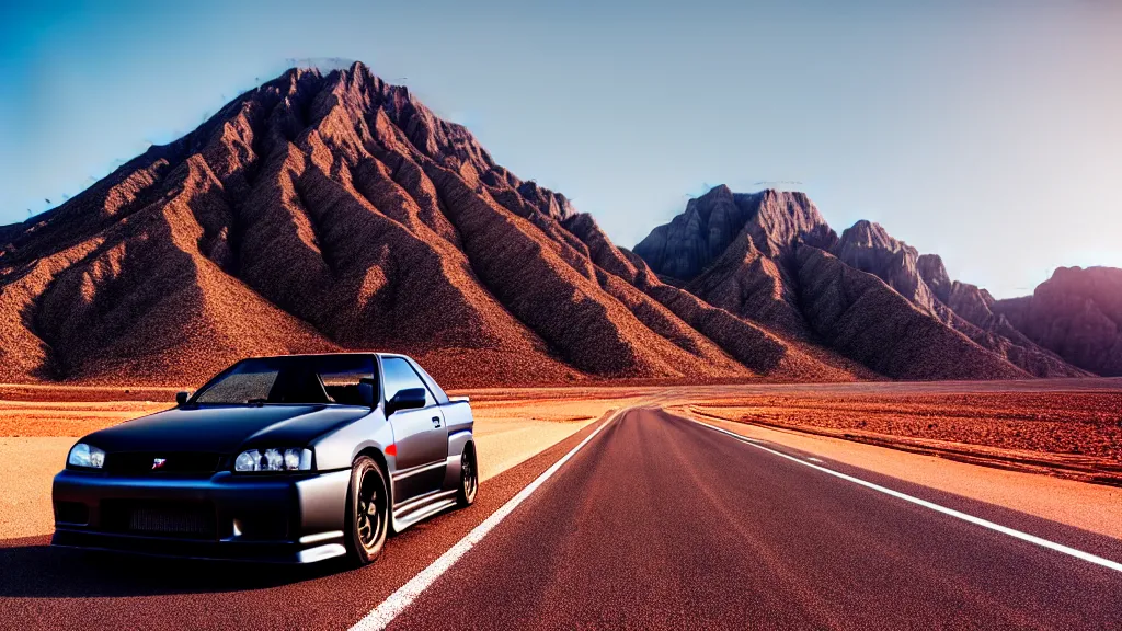 Image similar to three quarter front photo of a stock dark grey nissan r 3 2 skyline gtr on a road in a desert with a mountain in the background in the early morning, car photography, zoom lens, blue hour, photorealistic