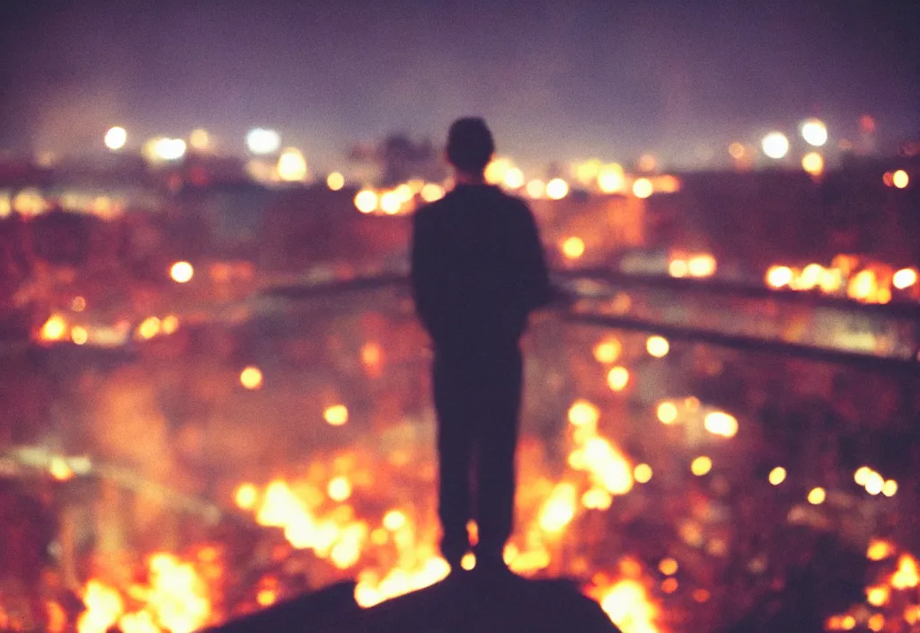 Image similar to lomo photo of a man standing on top of a burning bridge, cinestill, bokeh, out of focus, night, dramatic lighting