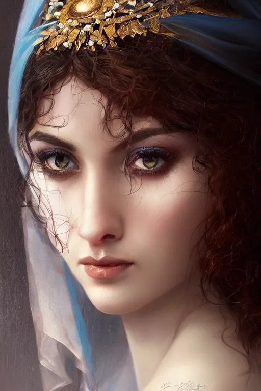 Prompt: ameera al taweel woman , bright blue eyes, wavy black hair, white veil, closeup, cinnamon skin color, elegant, highly detailed, centered, oil painting, artstation, concept art by tom bagshaw