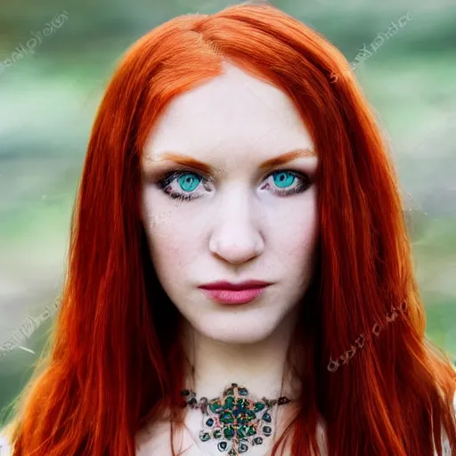 Prompt: full body detailed shot of a beautiful red haired woman with a beautiful face, green eyes high detail, intricate clothing, looking at the camera, dreamy background