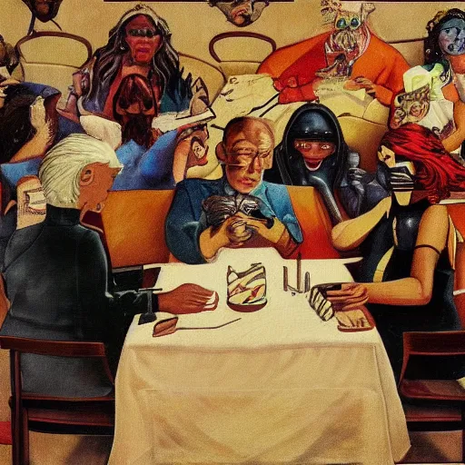 Image similar to postmodern era, social media age, a person sits in a high chair at a table staring delectably, a human moderator chewing on the arbitrary egregore of their community group, art depicting control freak, trending, artstation