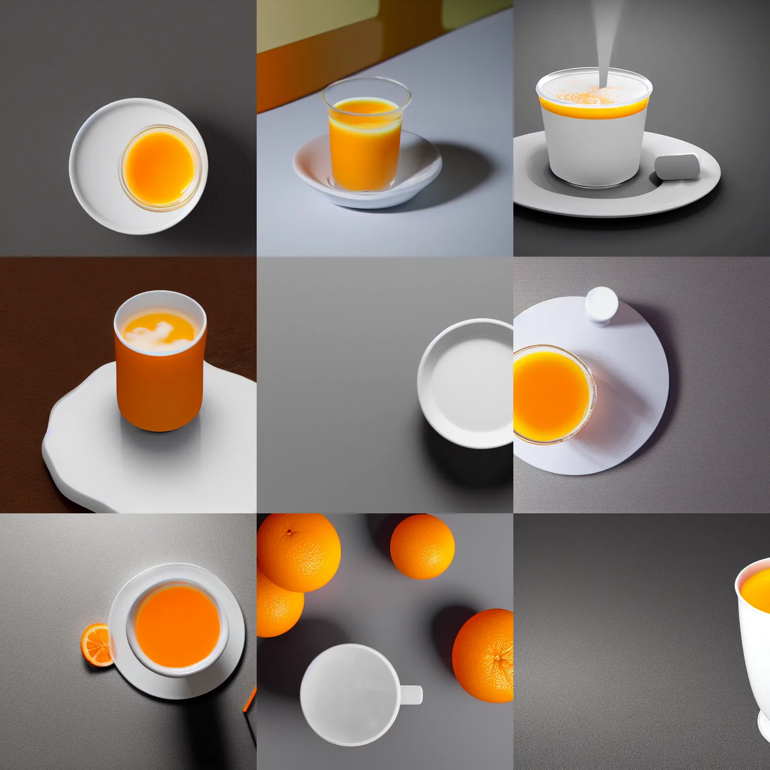 Prompt: a white cup with orange juice in it, octane render, 4 k, uhd, white background, isometric perspective view, diffuse lighting