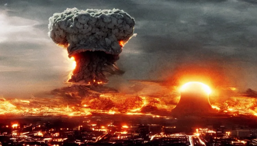 Image similar to big budget action movie about a nuclear explosion destroying a city