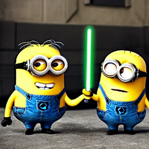 Image similar to the minions having a lightsaber duel with the minions,