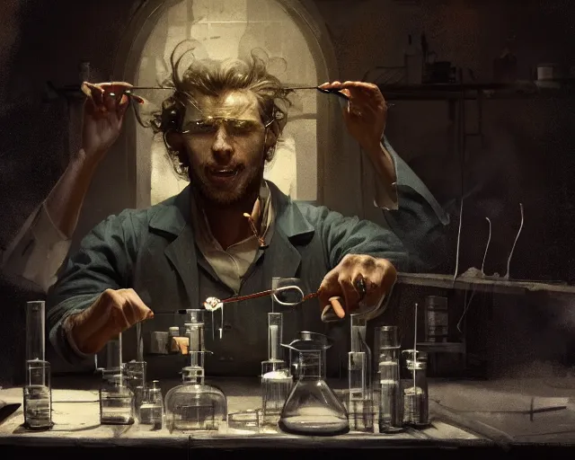 Prompt: ryan gossling as a mad scientist wearing a lab coat, mixing potions in a rundown chemistry lab, by greg rutkowski and frank frazetta, intricate, artstation, cinematic, style of magic : the gathering