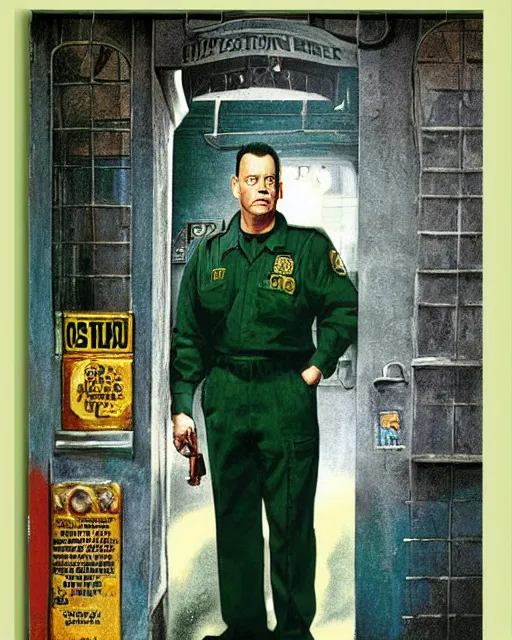 Image similar to tom hanks wearing prison guard uniform in the green mile, airbrush, drew struzan illustration art, key art, movie poster