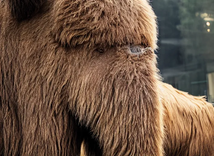 Prompt: closeup of a very wooly brown hairy mammoth, mastodon, mammoth, detailed fur, zoo photography, National Geographic, HD,