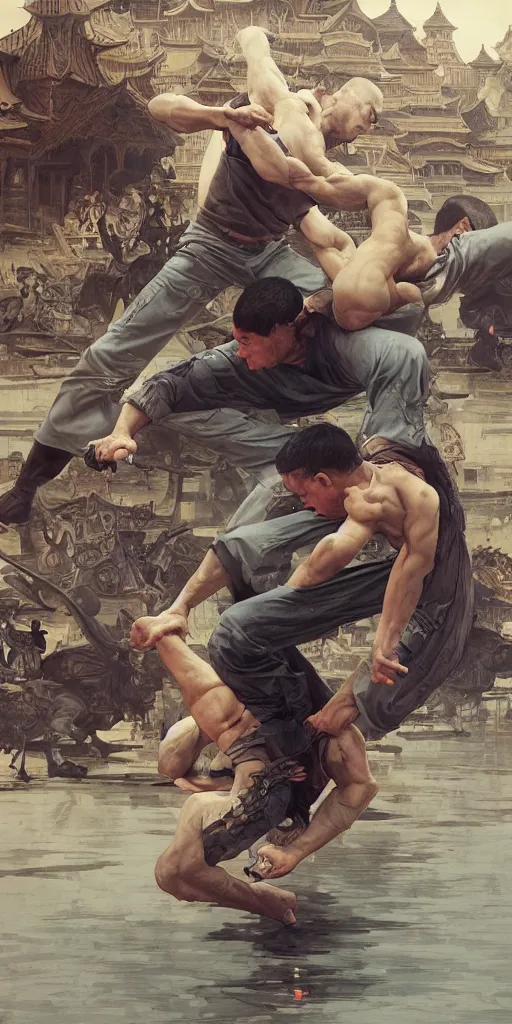 Image similar to a beautiful illustration of a young jean claude van damme, intricate, shaolin fight, arab city, houses, sharp focus, illustration, highly detailed, digital painting, concept art, matte, art by wlop and artgerm and greg rutkowski and alphonse mucha, masterpiece