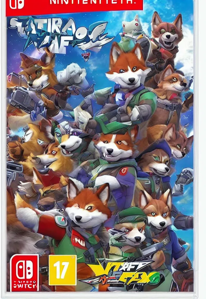 Image similar to nintendo switch box cover of a new starfox spinoff action game featuring anthro fursona furry wolf o'donnell and his space cadet crew, rated t for teen