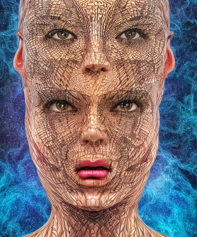 Image similar to A epic photo illustration of beautiful woman symmetrical portrait by Michael Sydney Moore, Alex Grey, hyper detailed, 50mm, award winning photography