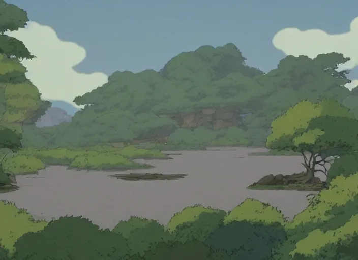 Image similar to pleasing appealing smooth flat rocky environment sunningrocks by the river's shore, forest clearing, still placid environment matte painting from studio ghibli and the fox and the hound ( 1 9 8 1 )