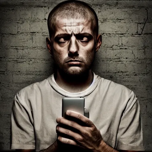 Prompt: sad prisoner holding ipad, prison cell, photorealistic, frustrated expression, dark mood, hopelessness, gloomy