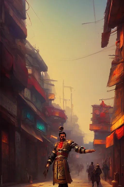 Image similar to a turkish janissary standing on a cyberpunk street, full body, extremely detailed digital painting, in the style of fenghua zhong and ruan jia and jeremy lipking and peter mohrbacher, mystical colors, rim light, beautiful lighting, 8 k, stunning scene, raytracing, octane, trending on artstation