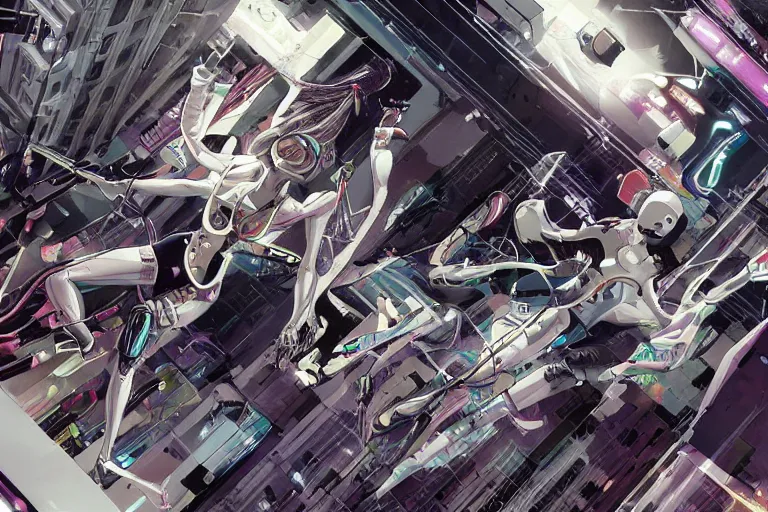 Image similar to a finely composed cyberpunk illustration of a group of white female androids' in style of hajime sorayama, lying scattered over an abstract, empty, white floor, by masamune shirow and katsuhiro otomo, hyper-detailed, colorful, view from above, wide angle, close up, spacious