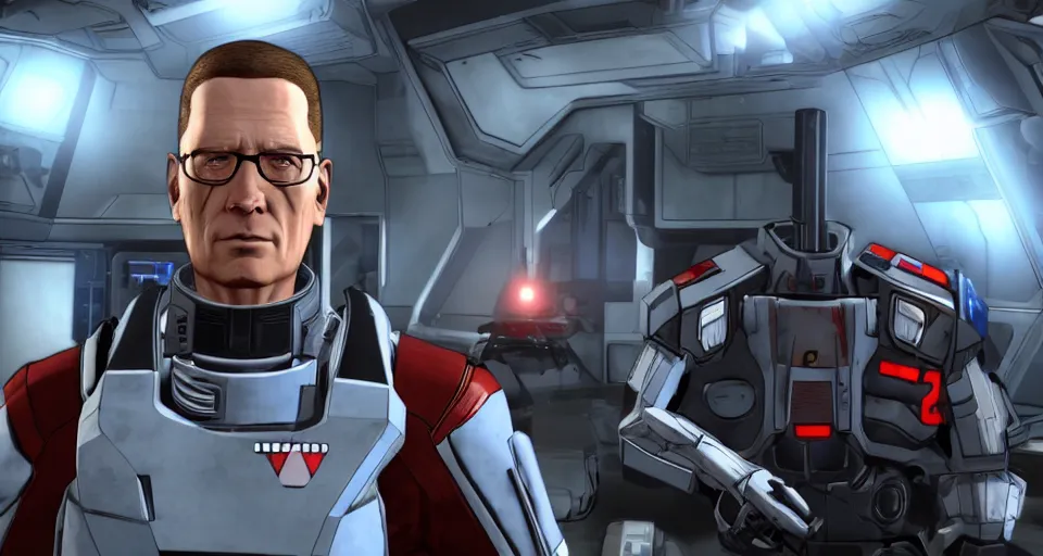 Prompt: hank hill as commander shepard surrounded by the engine room within the ssv normandy in the videogame mass effect 2. mid - conversation portrait. dim spaceship interior bg behind him. cutscene. hd.