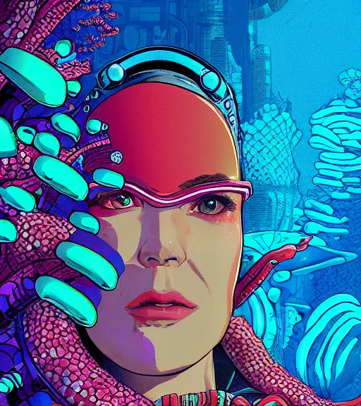 Prompt: a cyberpunk woman swims through a vibrant alien coral reef, Industrial Scifi, detailed illustration, character portrait, by Martin Grip and Moebius
