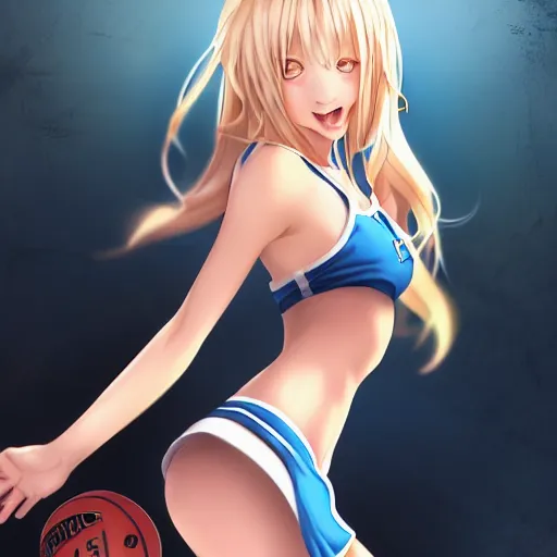 Image similar to a very beautiful young anime basketball girl crying, full body, long wavy blond hair, sky blue eyes, full round face, evil grin, bikini, miniskirt, front view, mid - shot, highly detailed, cinematic wallpaper by stanley artgerm lau
