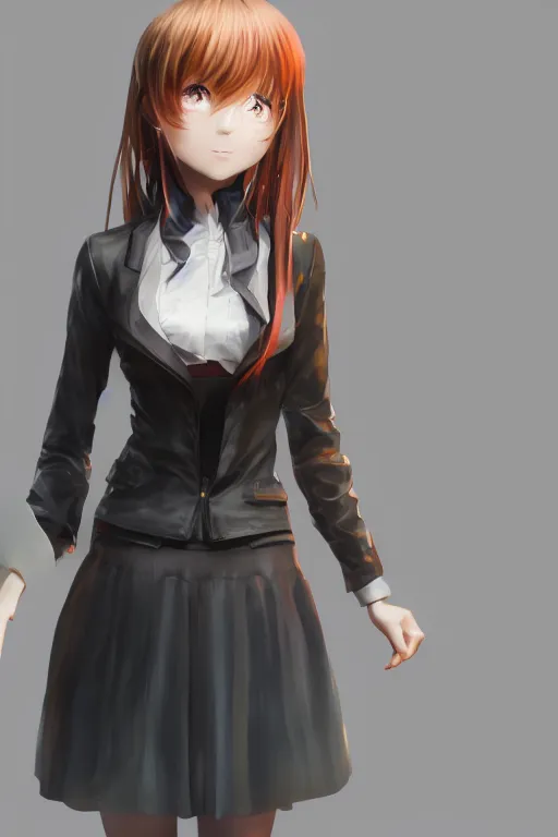 Image similar to Very complcated dynamic composition, realistic anime style at Pixiv, Zbrush sculpt colored, Octane render in Maya and Houdini VFX, young redhead girl in motion, wearing jacket and skirt, silky hair, black stunning deep eyes. By ilya kuvshinov, krenz cushart, Greg Rutkowski, trending on artstation. Amazing textured brush strokes. Cinematic dramatic soft volumetric studio lighting