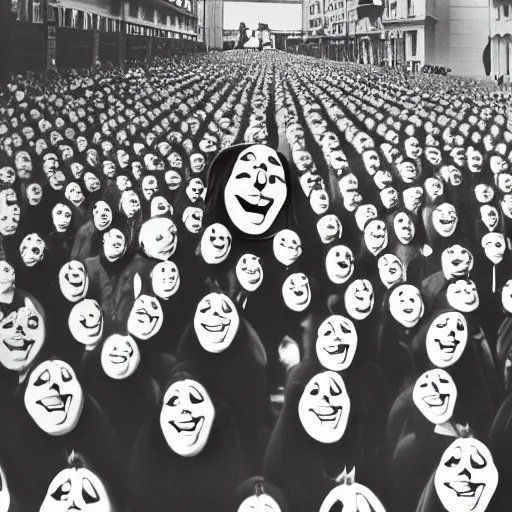 Prompt: an old black and white photo of a large crowd with distorted clown masks,