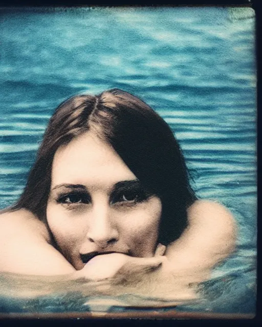 Prompt: a woman's face peaking above the water, serene emotion, polaroid, gritty texture, 1 9 7 0 s filter