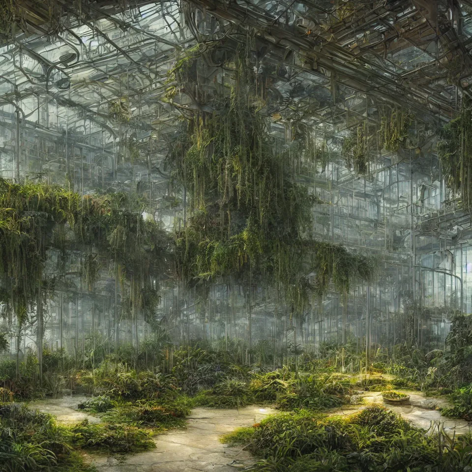 Image similar to a beautiful hyperrealistic detailed rendering a futuristic greenhouse biolab with overgrown bioluminescent plants, hazy lighting, by john howe, lee madgwick, hubert robert, epic scale ultrawide angle, deviantart, 4 k wallpaper, dawn, warm cinematic volumetric lighting, deep colors