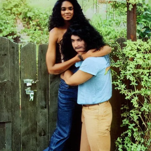 Prompt: In the image, a woman with dark brown skin and long black hair cascades down her back is kissing her husband while posing at a garden gate. His hair is styled in loose, wavy curls. His skin has a medium brown tone, and his eyes are a deep, rich brown. The image is a vintage 1980s Polaroid photograph.